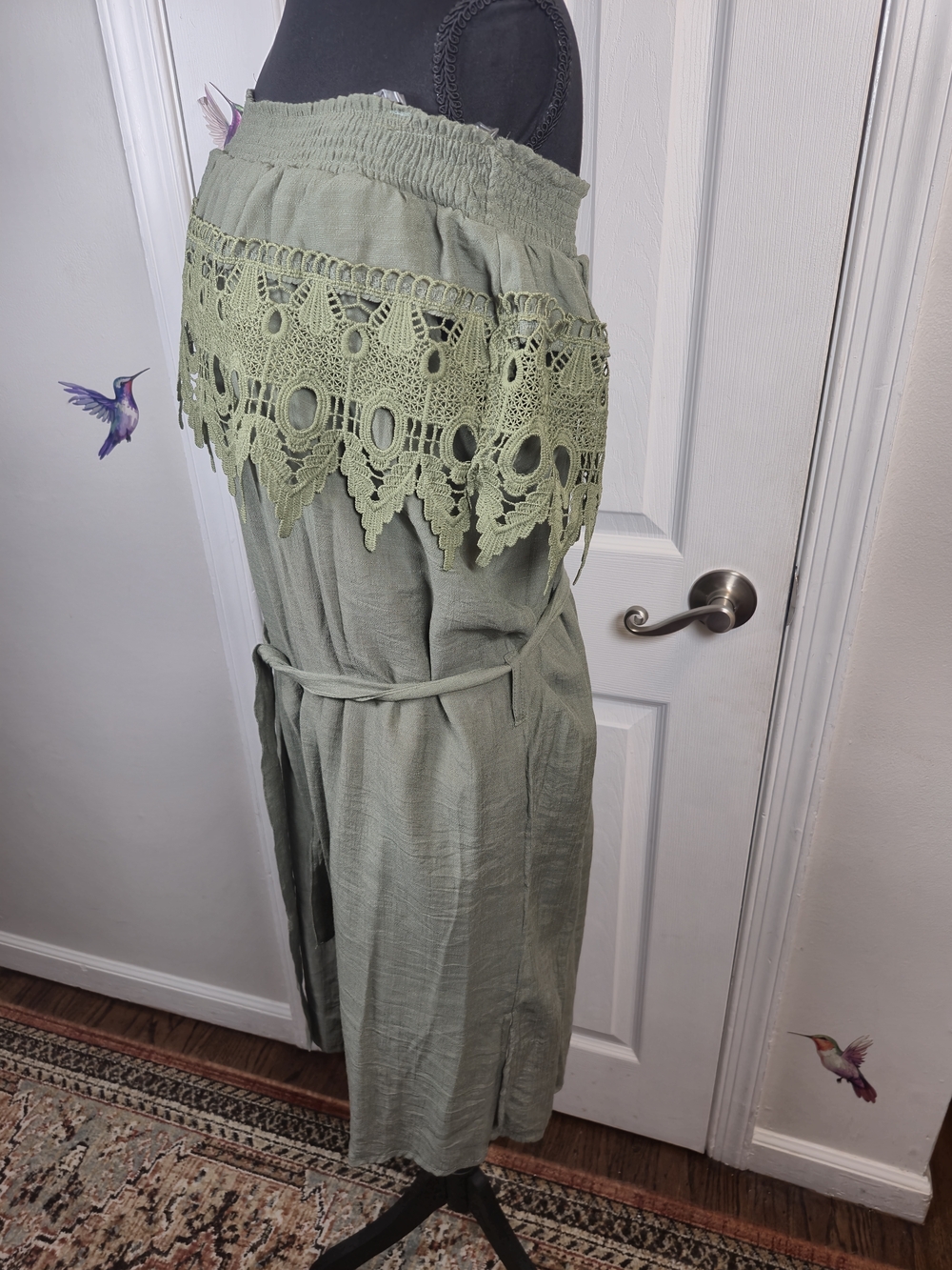 L.O.V.E. Olive Green Off-Shoulder Crochet Lace Trim Boho Midi Dress - Picture 3 of 5